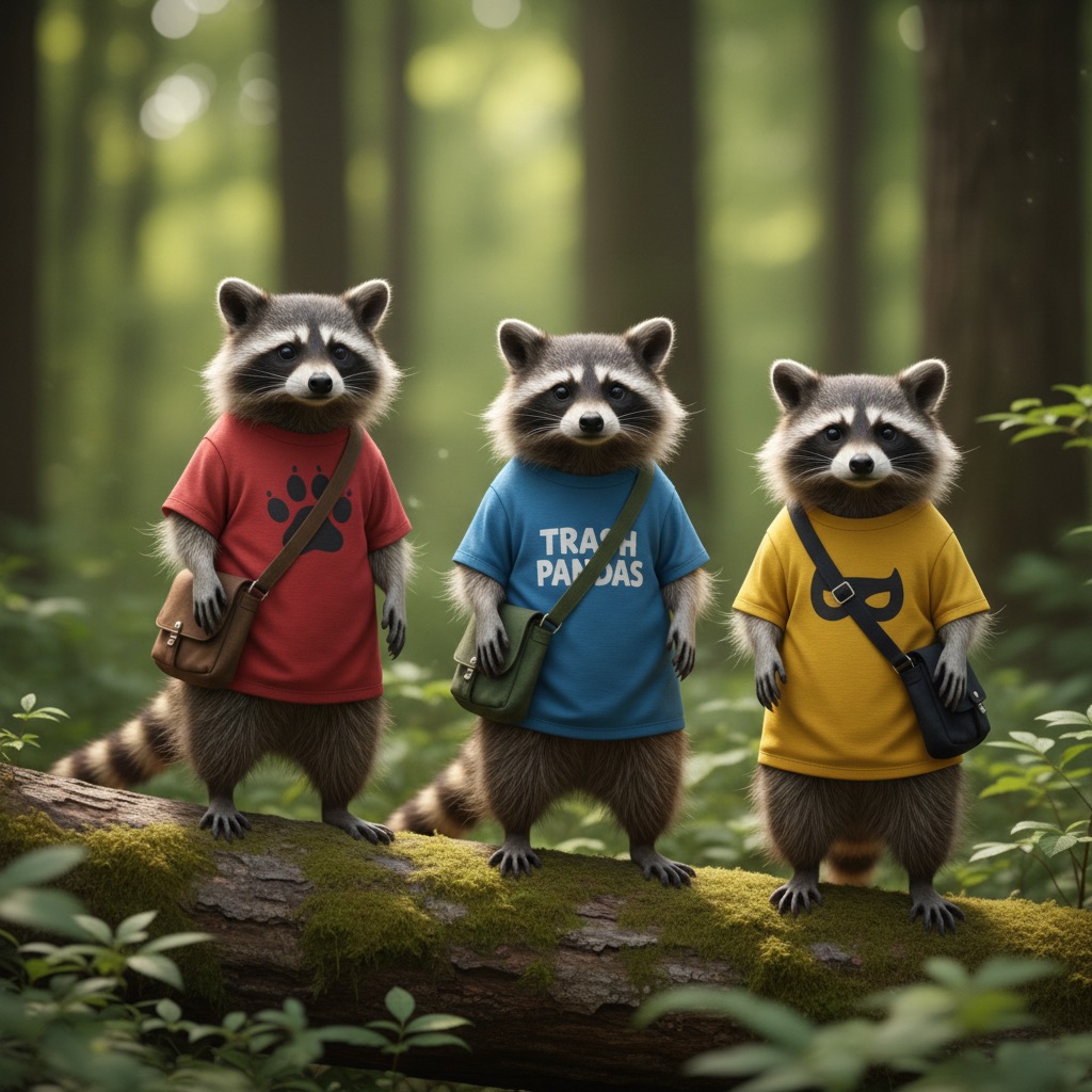 3 raccoons with t-shirts and bags